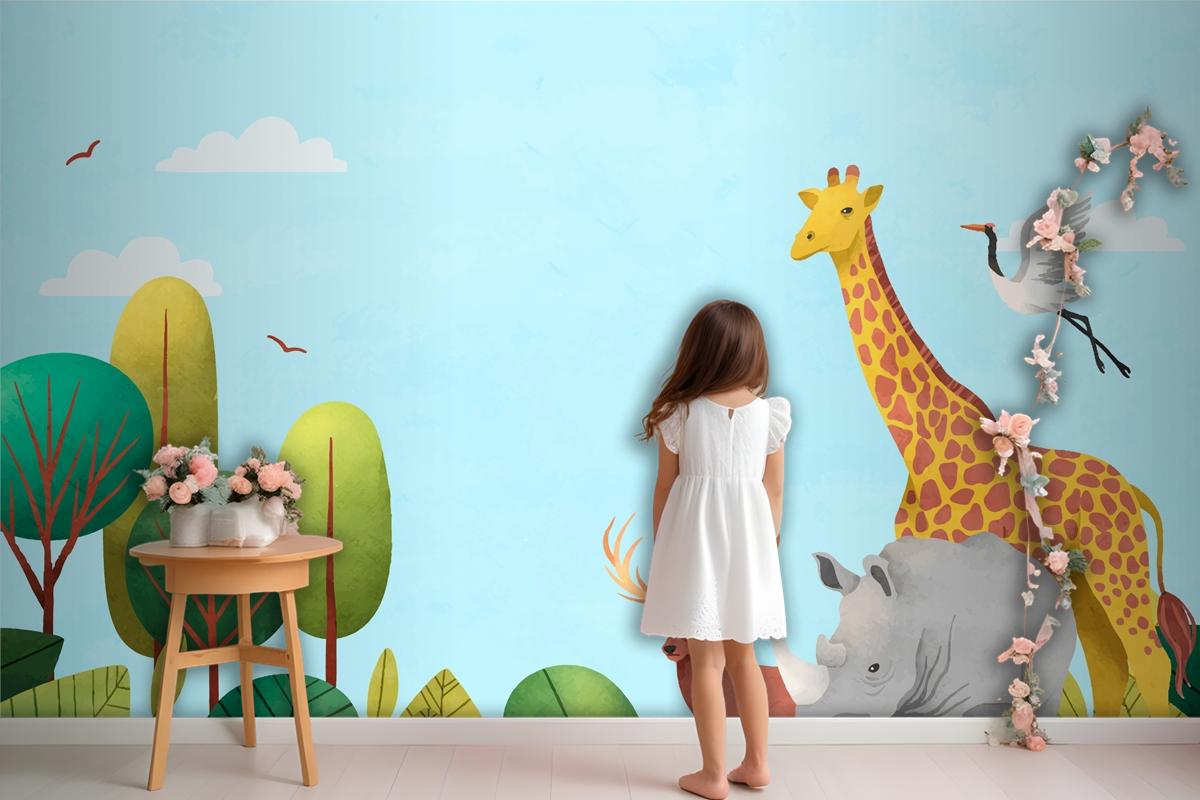 Suluboya Dünya Hayvan Günü Arka Plan Çocuk Odası Duvar Kağıdı 