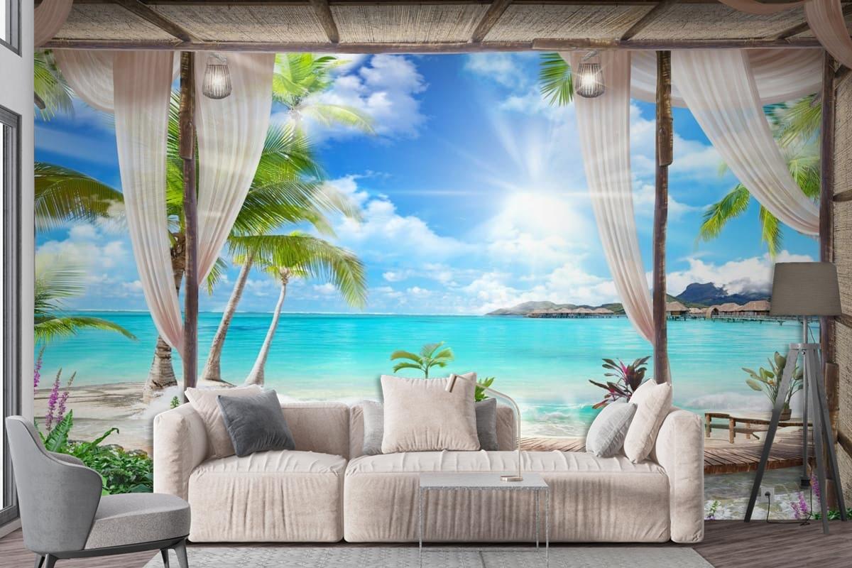 Muhteşem Perdeli 3 Boyutlu Deniz Doğa Manzara Duvar Kağıdı