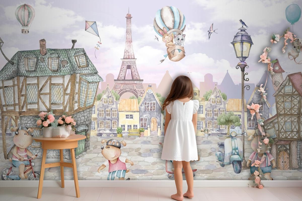 Paris Hayvanlar Retro Şehir Çocuk Odası Duvar Kağıdı