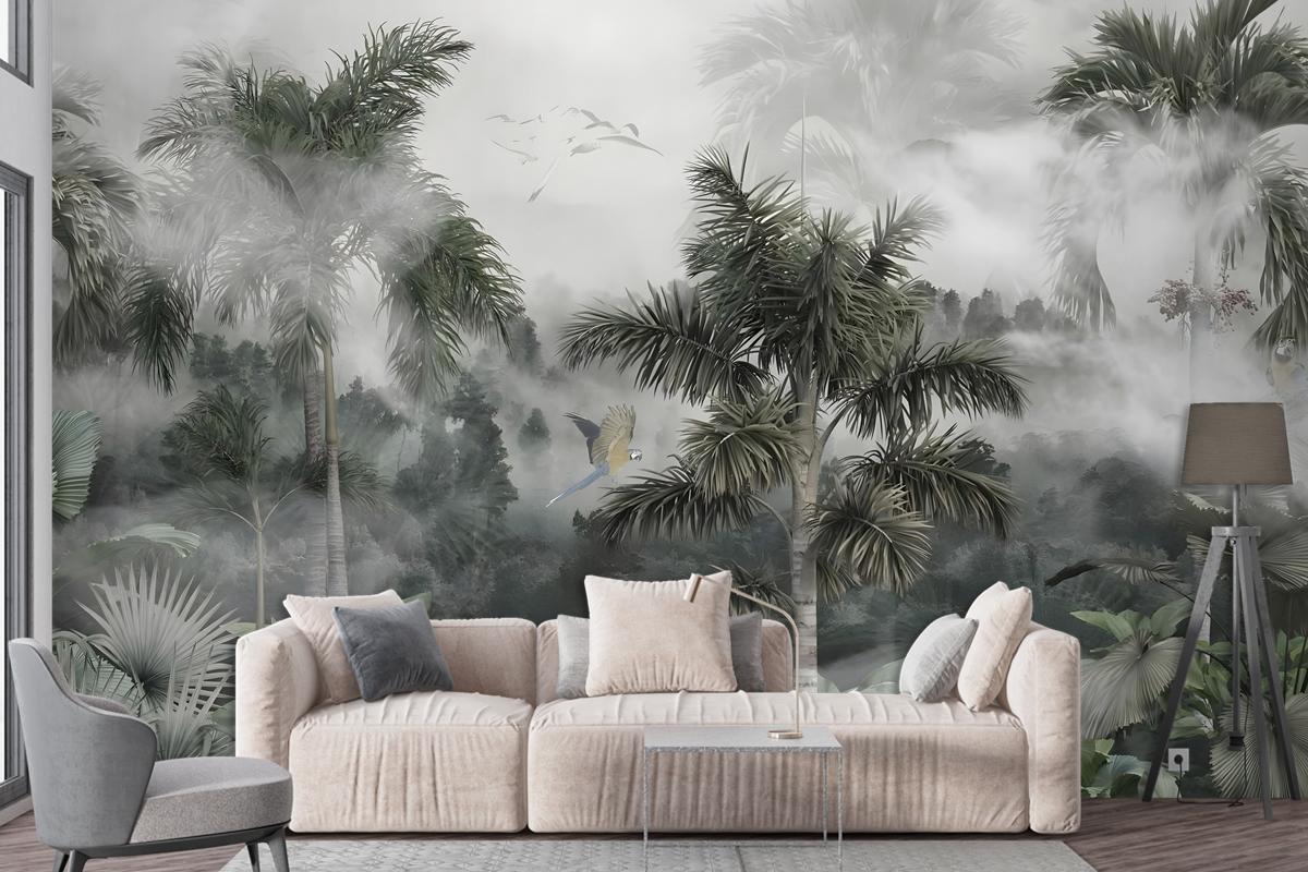 Tek Parça Kumaş Tekstil - Sisli Tropikal Orman Özel Tasarım Duvar Kağıdı