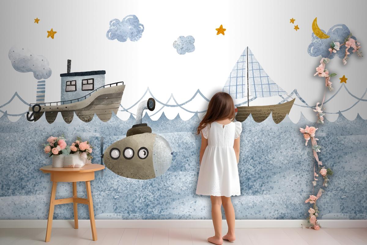 Suluboya Deniz Manzarası Çocuk Odası Duvar Kağıdı 