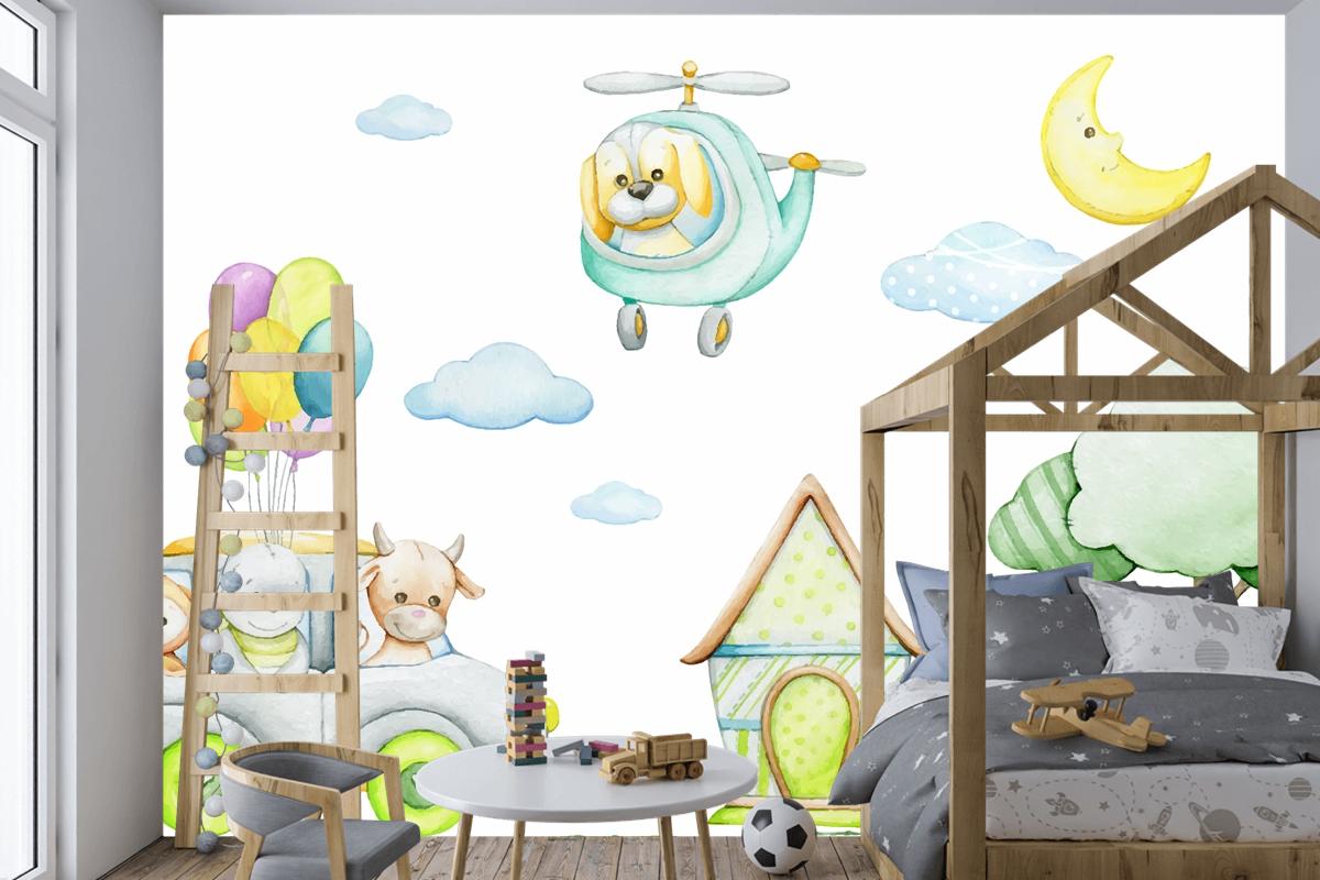 Karikatür Tarzı Tropikal Hayvanlar Araba Helikopter Ay Çocuk Odası Duvar Kağıdı Nde Suluboya Dikişsiz Desen