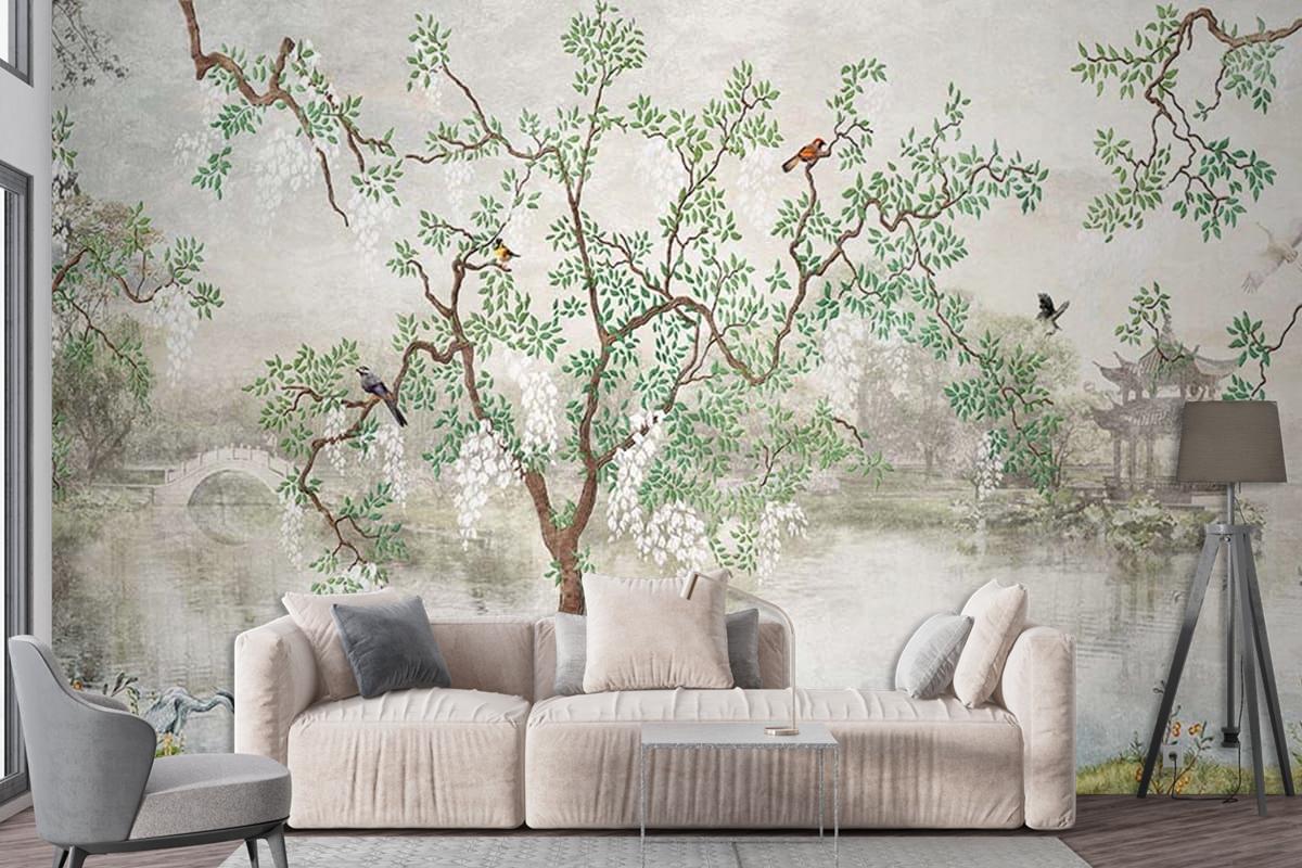 Yağlı Boya Tarz Ağaçlar ve Yapraklar Duvar Kağıdı