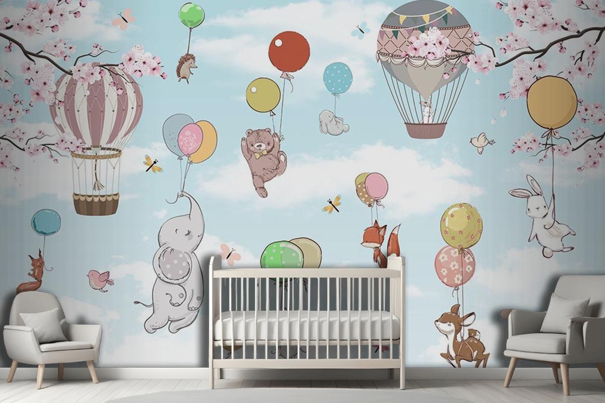 Balonlara Asılı Sevimli Hayvanlar Çocuk Odası Duvar Kağıdı