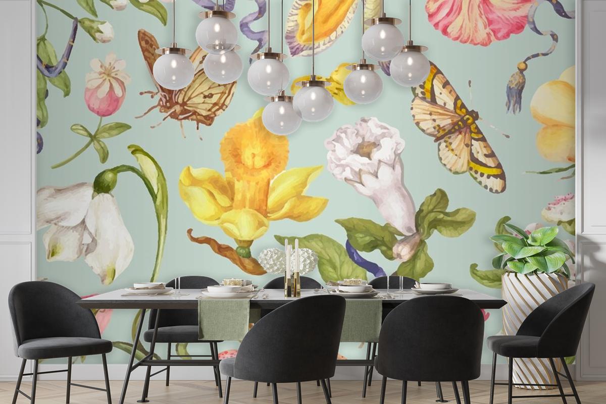 Yeşil Zemin Üzerine Renkli Vintage Çiçek Desenli Duvar Kağıdı