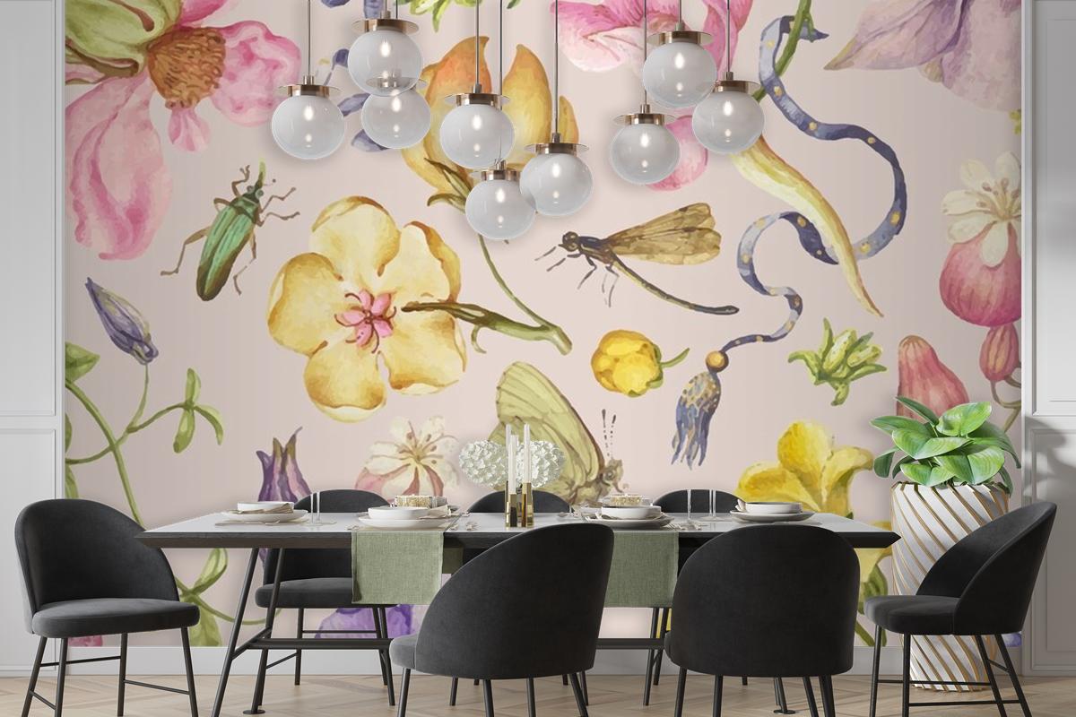 Pembe Duvar Kağıdı Duvarında Renkli Vintage Çiçek Desenli Vektör