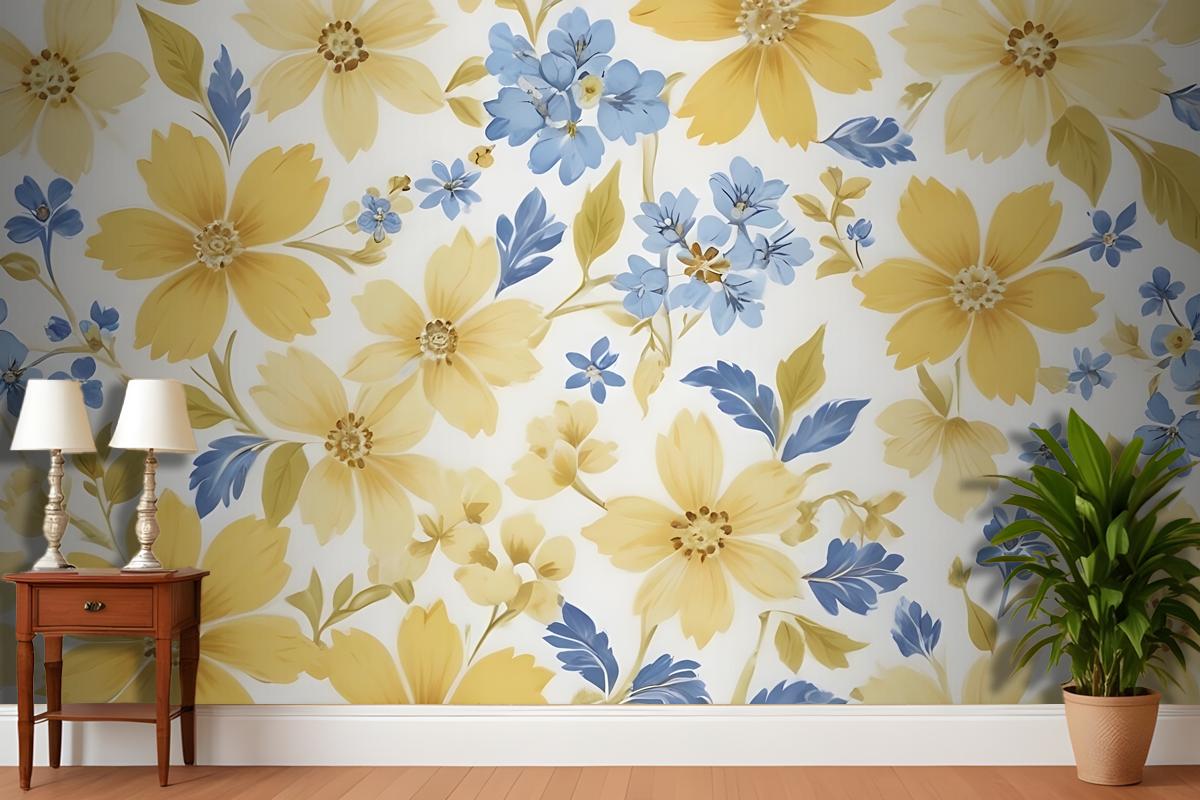Beyaz Antre  Hol  Koridor Duvar Kağıdı Duvarında Büyük Sarı Çiçekler Ve Daha Küçük Mavi Çiçeklerle Çiçek Desenli