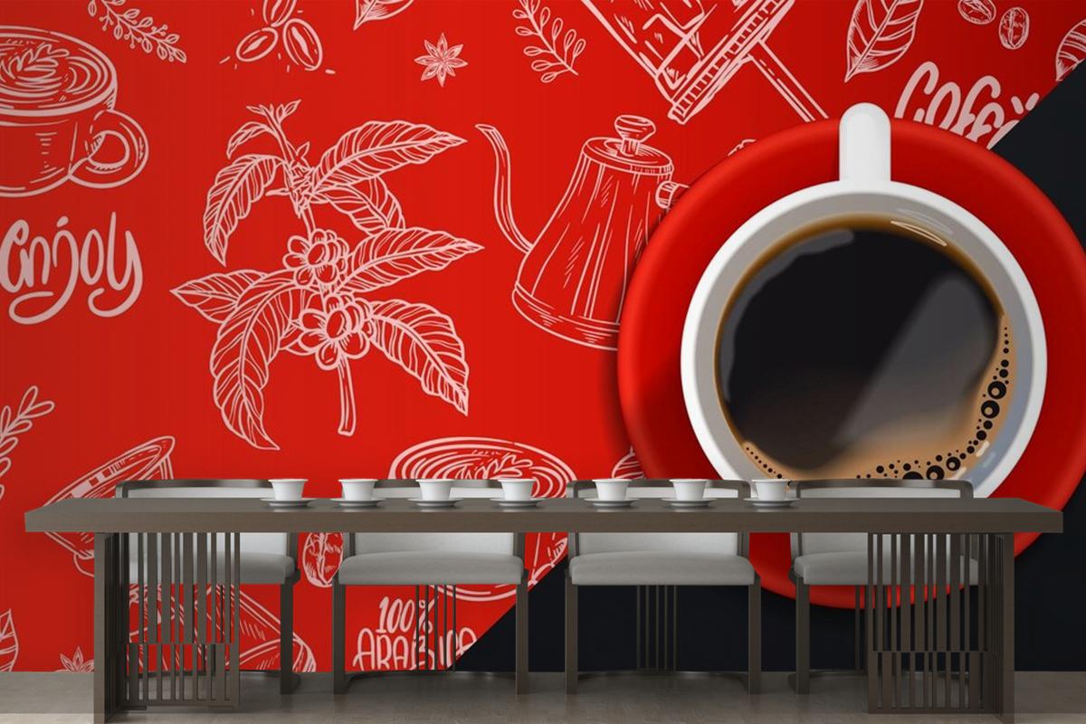 Kırmızı Siyah Arka Plan Arap Kahve Temalı Cafe Duvar Kağıdı