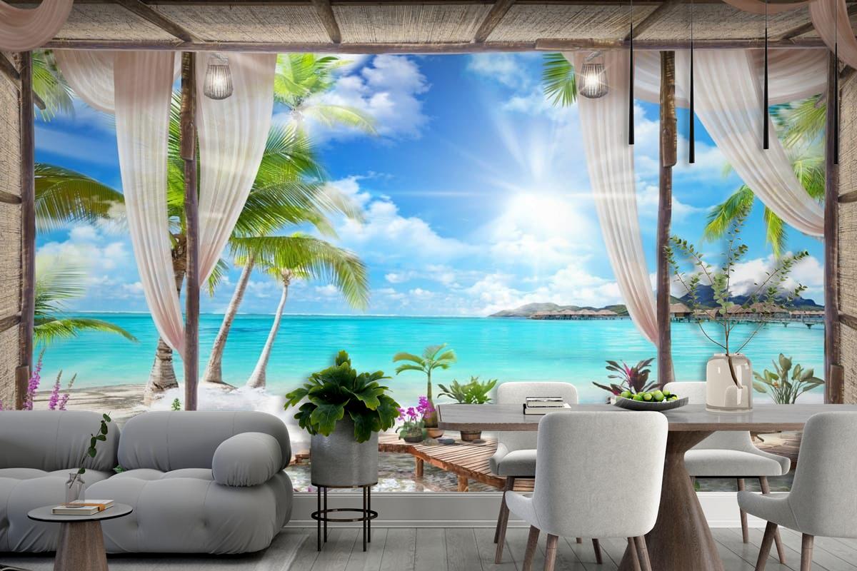 Muhteşem Perdeli 3 Boyutlu Deniz Doğa Manzara Duvar Kağıdı