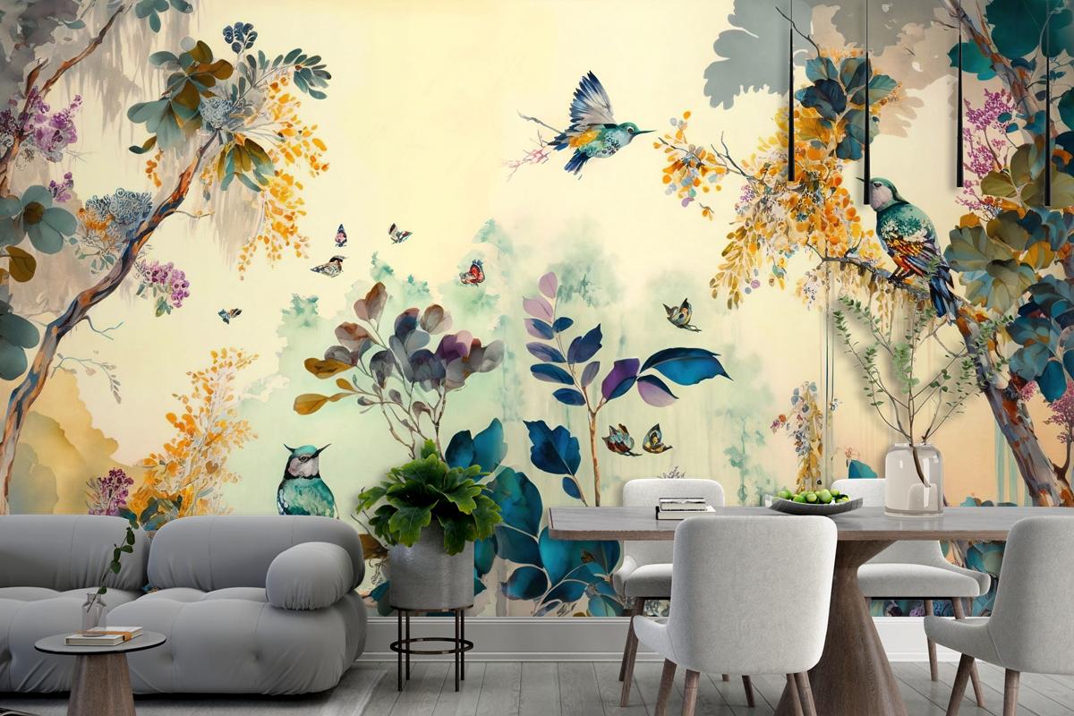 Tropikal Kuşlar Sarı Temalı Duvar Kağıdı