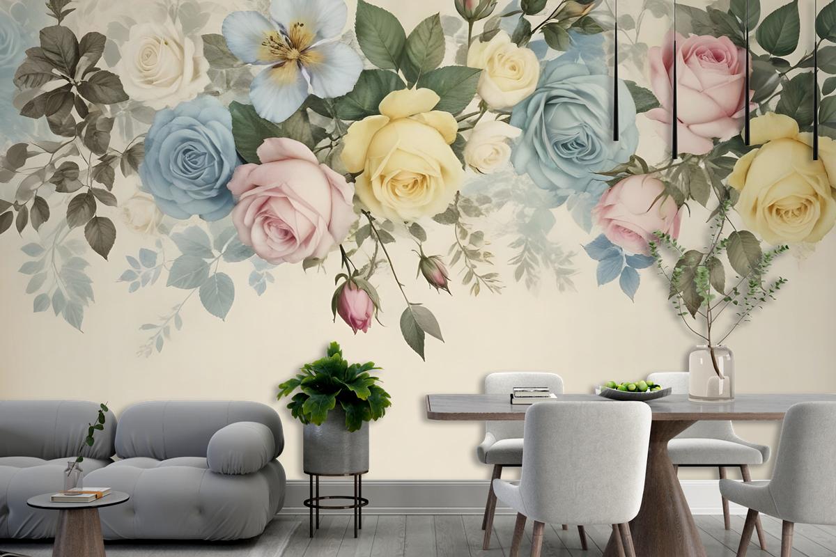 Vintage Renkli Çiçekli Duvar Kağıdı 