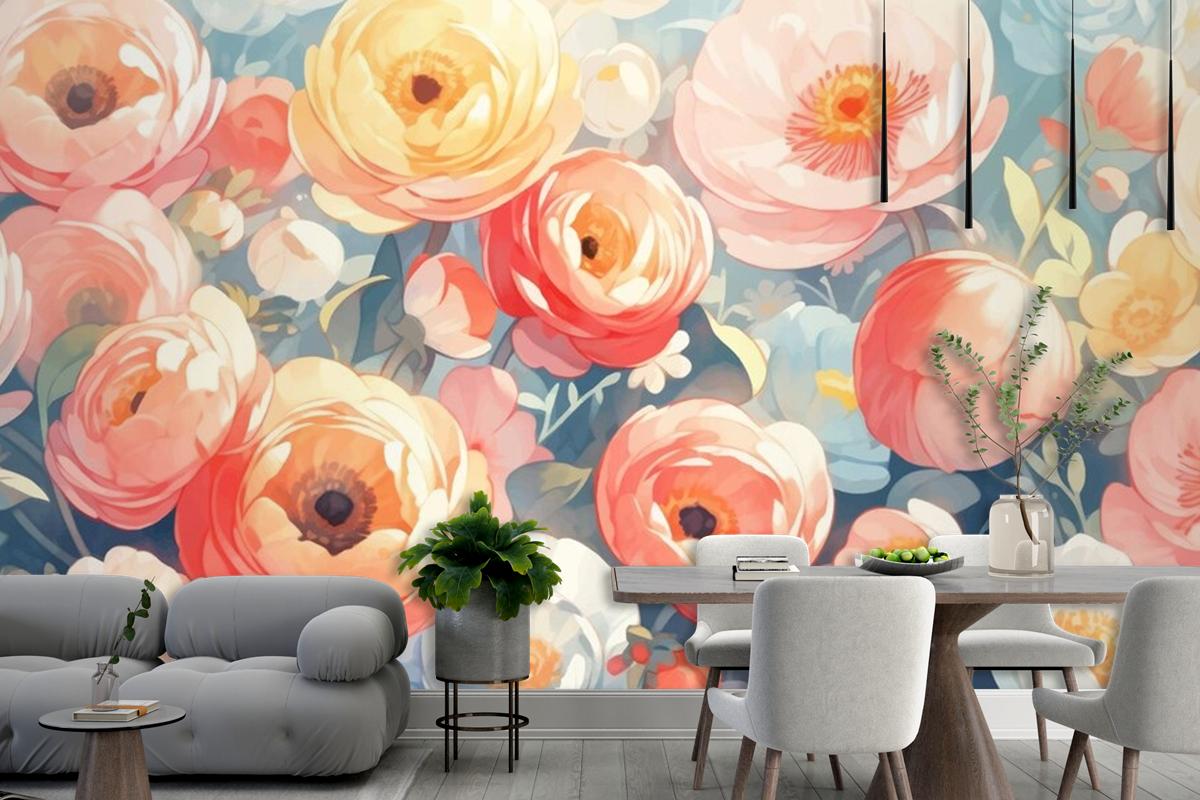 Tamamlayıcı Renklerle Vintage Suluboya Düğünçiçeği Tasarımı Duvar Kağıdı