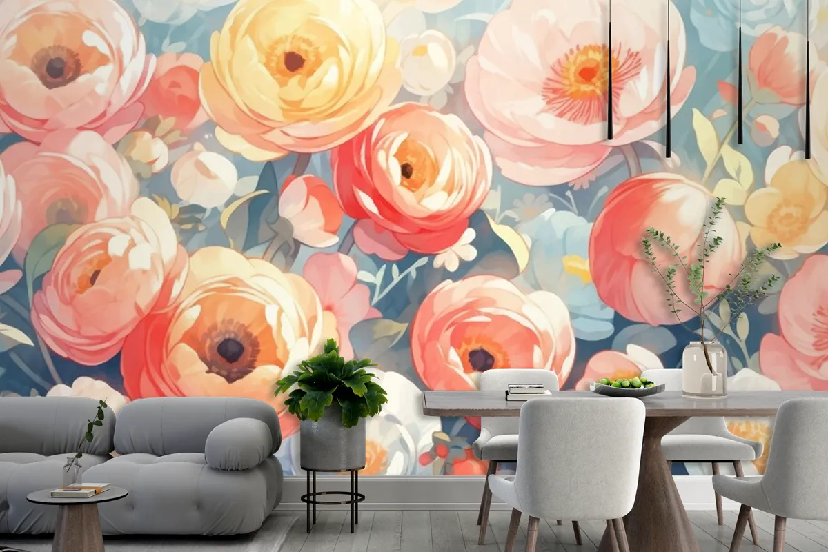 Tamamlayıcı Renklerle Vintage Suluboya Düğünçiçeği Tasarımı Duvar Kağıdı