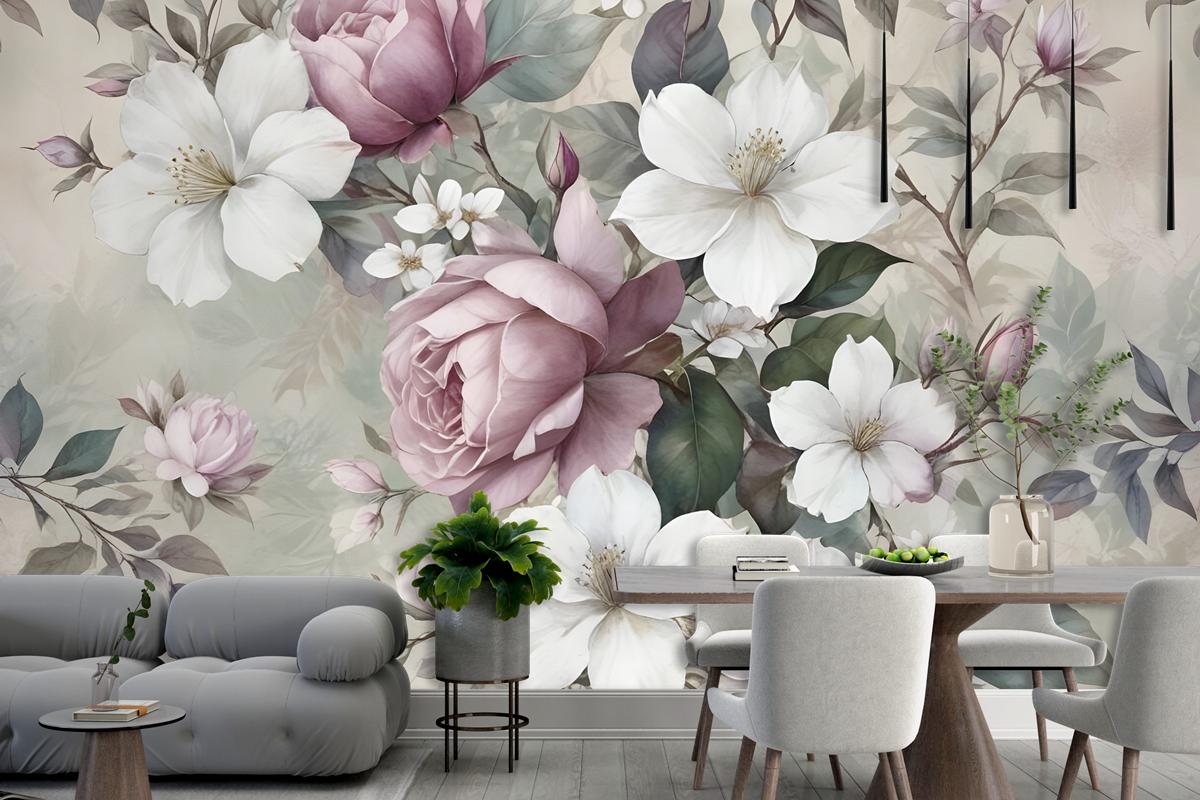 Suluboya Vintage Çiçek Duvar Kağıdı 