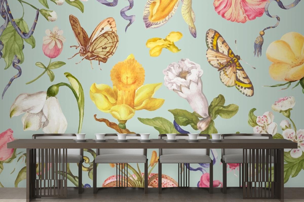 Yeşil Zemin Üzerine Renkli Vintage Çiçek Desenli Duvar Kağıdı