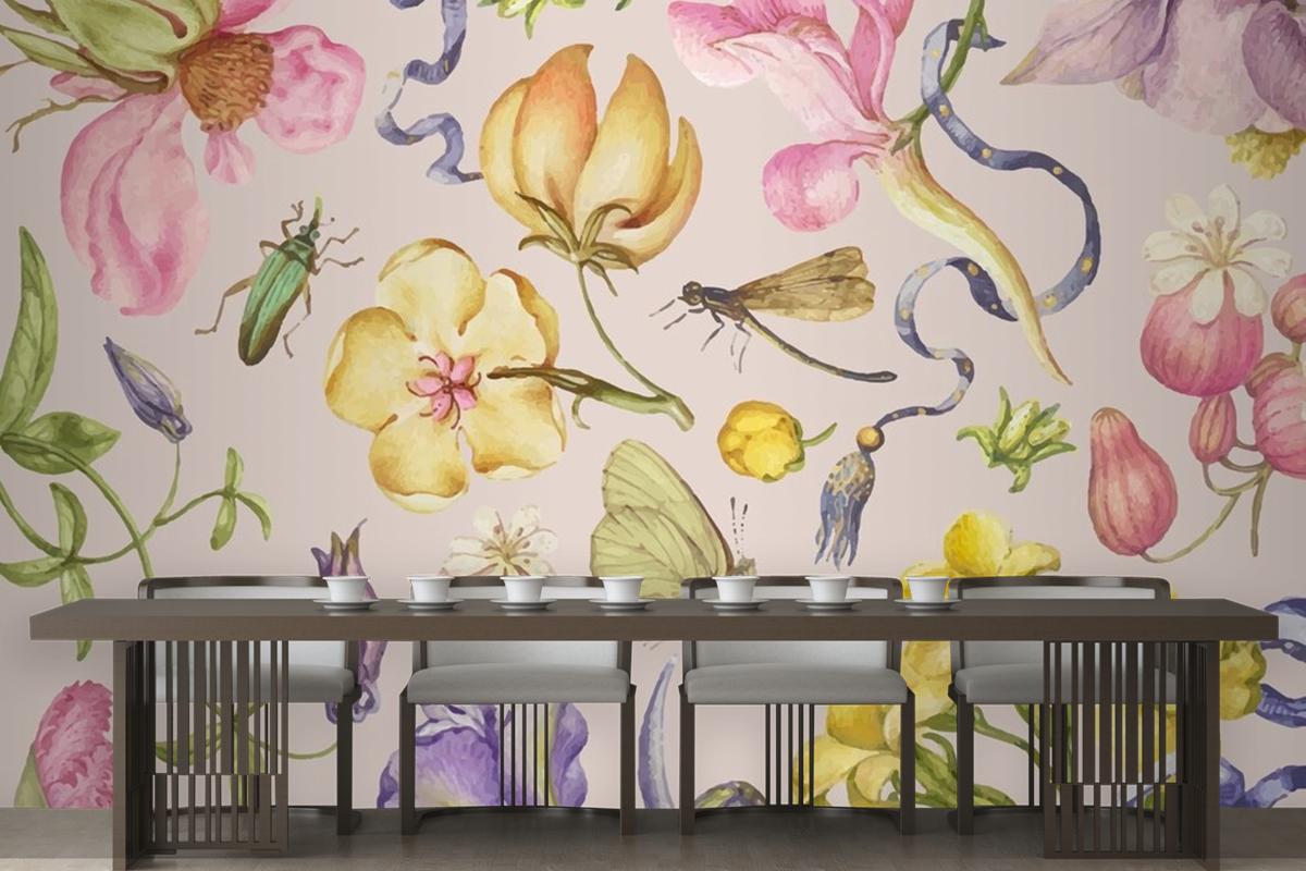 Pembe Duvar Kağıdı Duvarında Renkli Vintage Çiçek Desenli Vektör