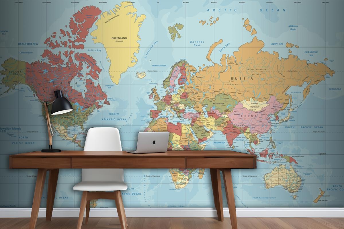 Mercator Projeksiyon Duvar Kağıdı Duvarında Detaylı Siyasi Dünya Haritası