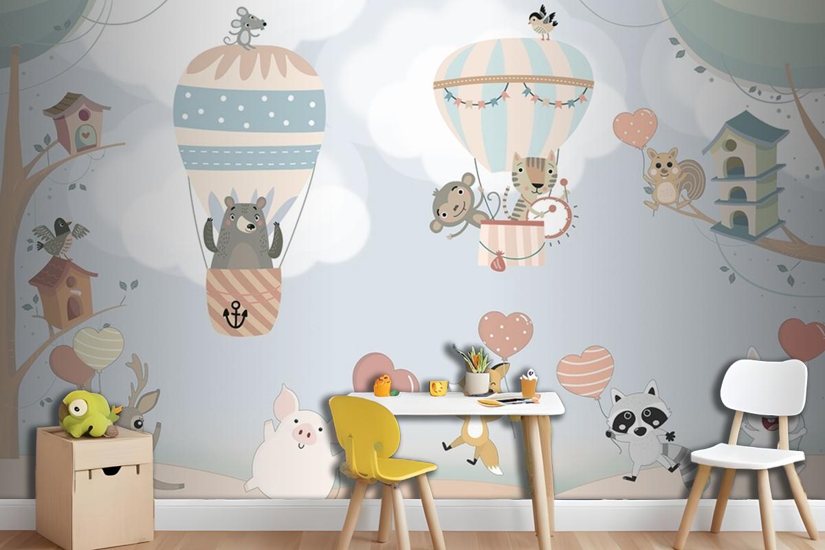 İskandinav Hayvanları Sıcak Hava Balonları Çocuk Odası Duvar Kağıdı