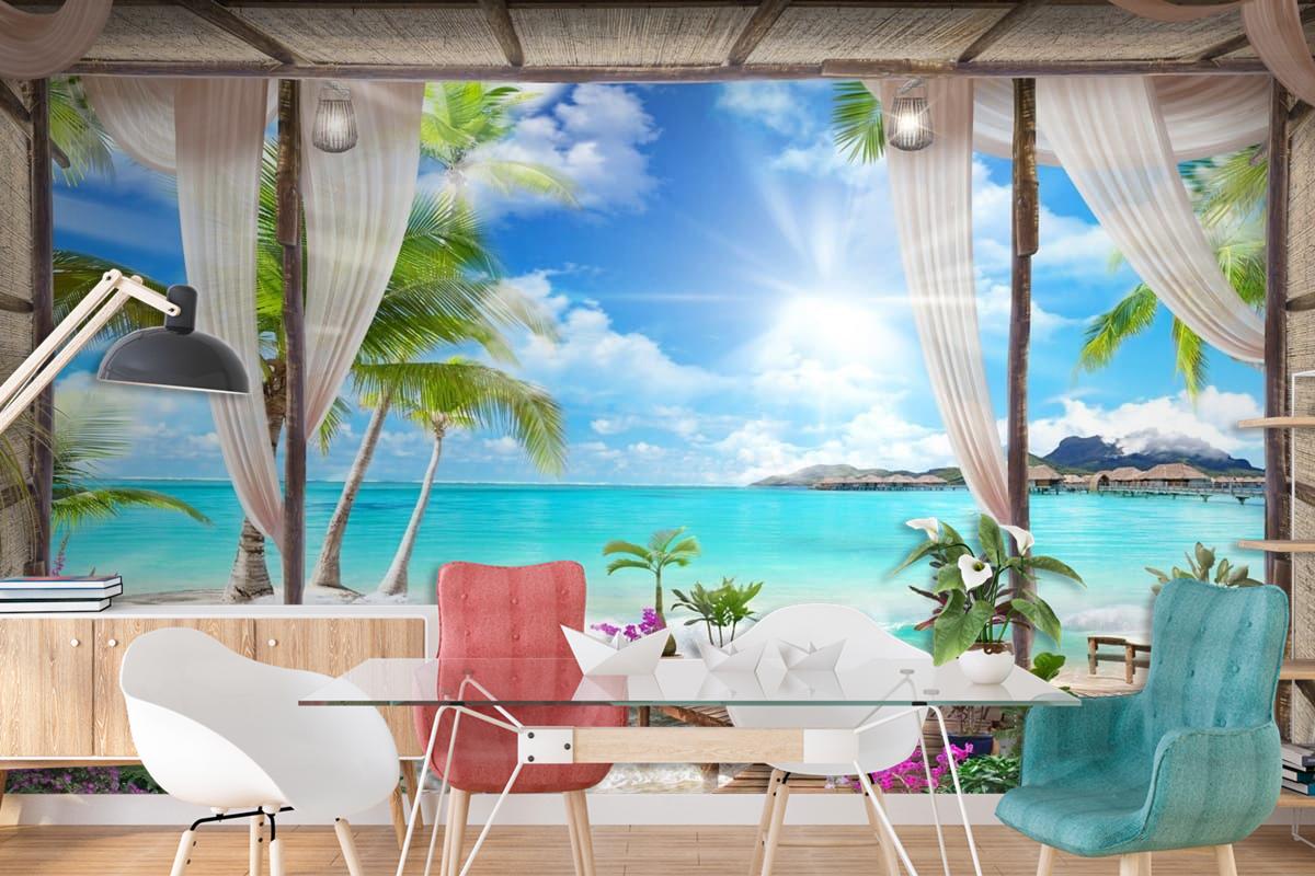 Muhteşem Perdeli 3 Boyutlu Deniz Doğa Manzara Duvar Kağıdı