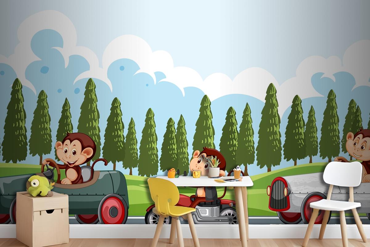 Maymun Yarış Sürücülerinin Bulunduğu Yarış Pisti Sahnesi Çocuk Odası Duvar Kağıdı