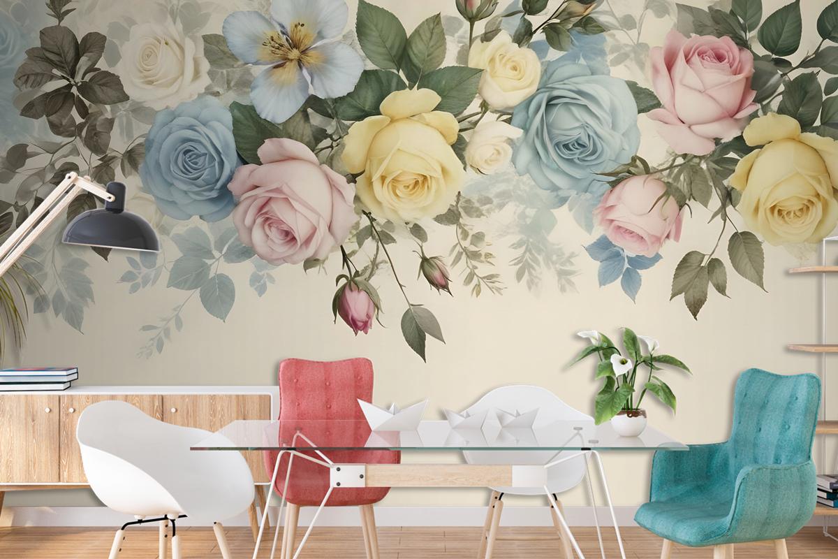 Vintage Renkli Çiçekli Duvar Kağıdı 