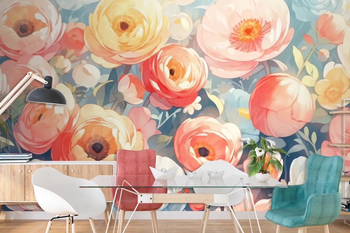 Tamamlayıcı Renklerle Vintage Suluboya Düğünçiçeği Tasarımı Duvar Kağıdı