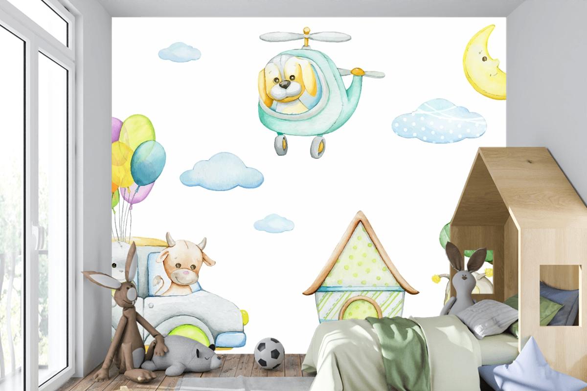 Karikatür Tarzı Tropikal Hayvanlar Araba Helikopter Ay Çocuk Odası Duvar Kağıdı Nde Suluboya Dikişsiz Desen