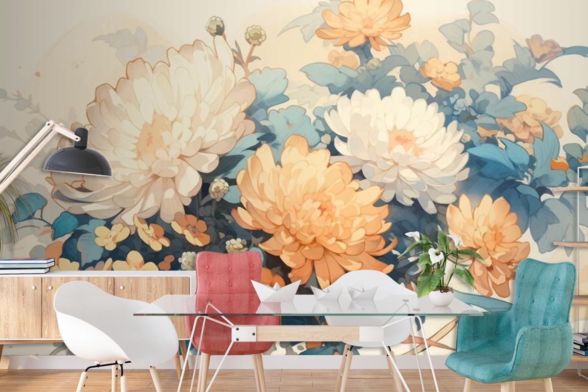Tamamlayıcı Renklerle Suluboya Vintage Krizantem Teması Duvar Kağıdı