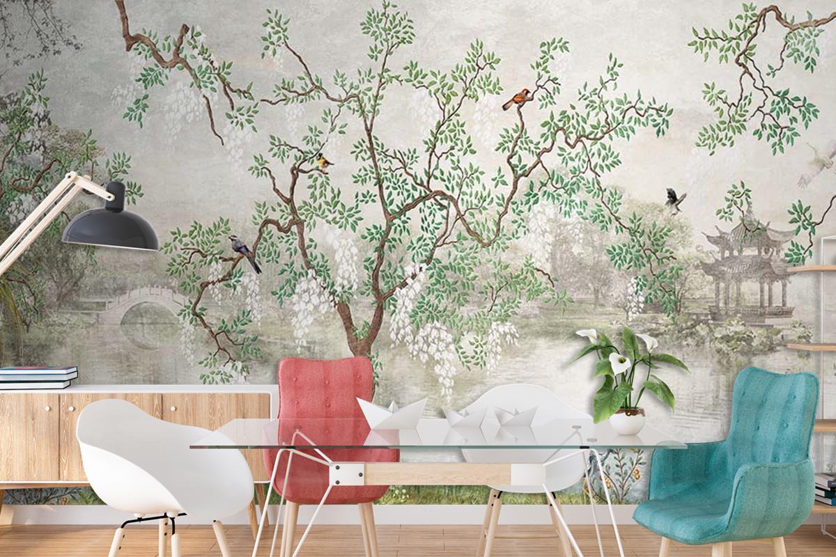 Yağlı Boya Tarz Ağaçlar ve Yapraklar Duvar Kağıdı