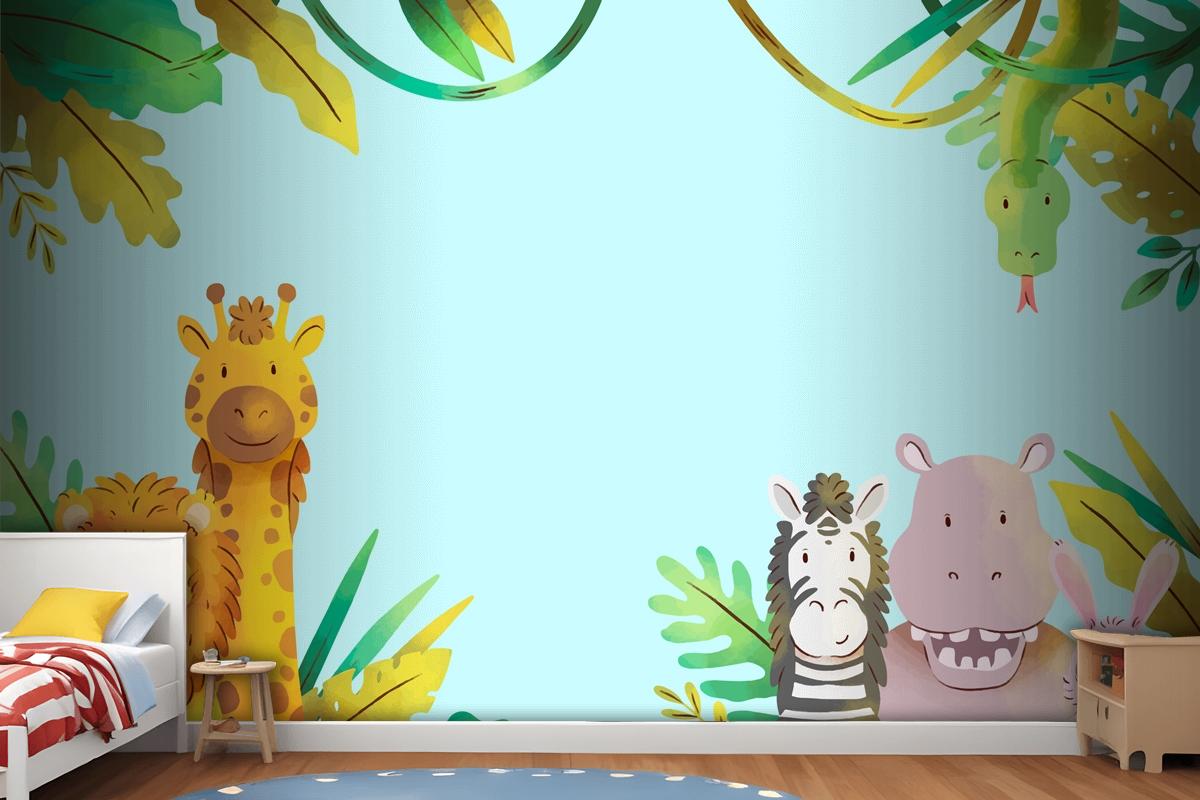 Suluboya Yaban Hayatı Arka Plan Çocuk Odası Duvar Kağıdı 