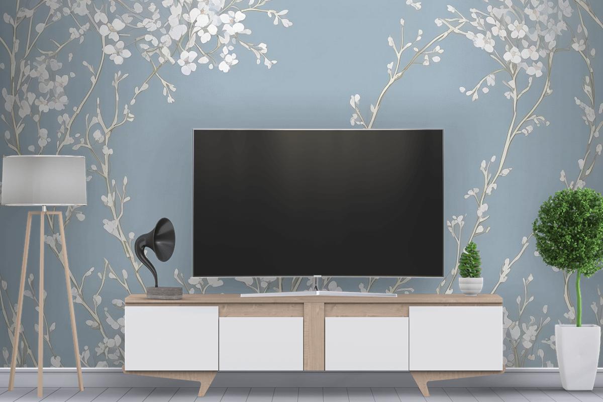 Açık Mavi Arka Planda Çiçek Deseni Tv Arkası Duvar Kağıdı