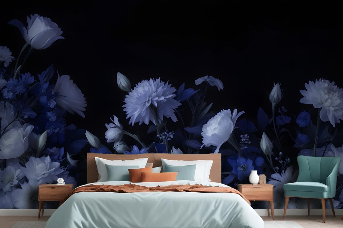 Mavi Delft Koyu Çiçek Sanatı Resim Yatak Odası Duvar Kağıdı