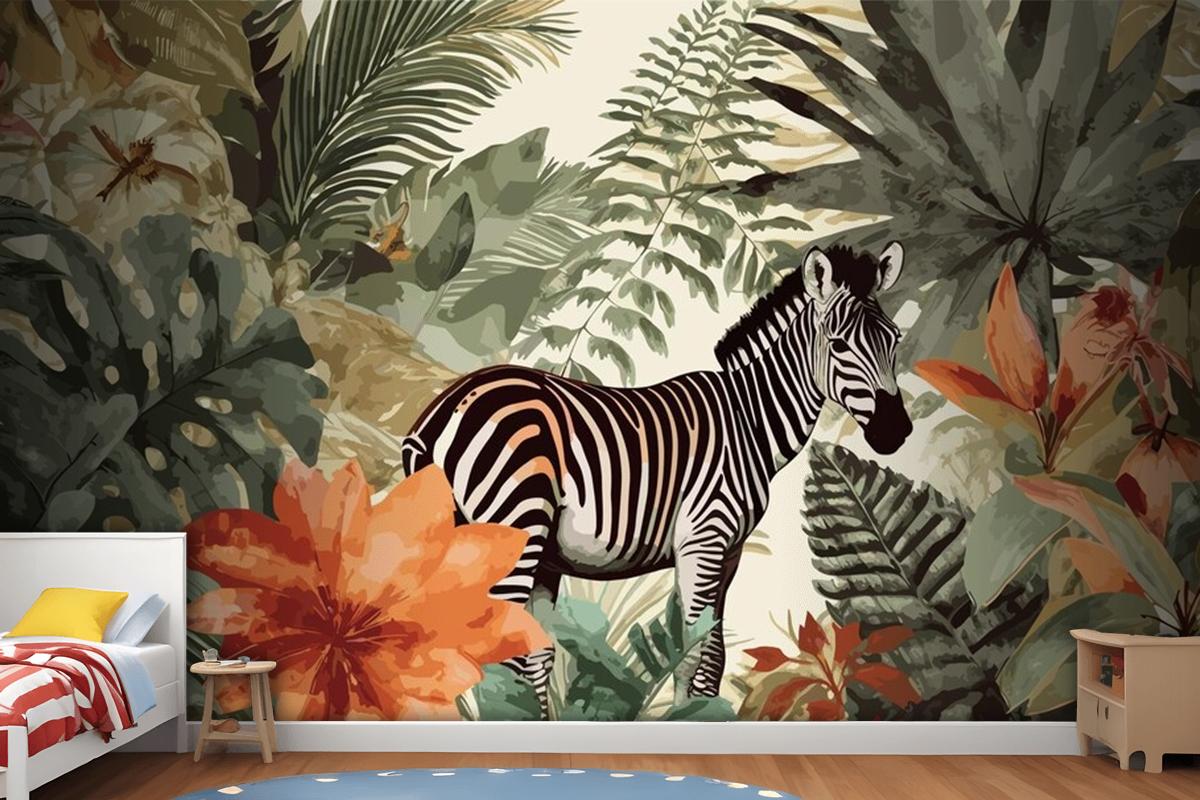 Egzotik Zebra Masalları Sanatsal Vintage Orman Kolaj Desen Sorunsuz Çocuk Odası Duvar Kağıdı
