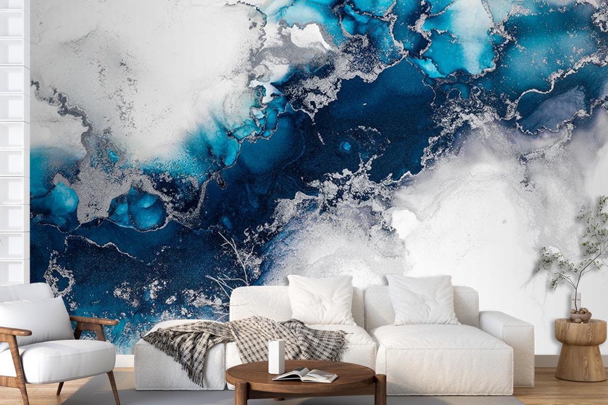 Gri Mavi Tonlarda Mermer Desenli Duvar Kağıdı