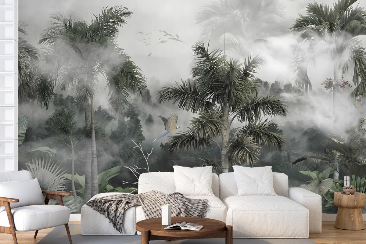Tek Parça Kumaş Tekstil - Sisli Tropikal Orman Özel Tasarım Duvar Kağıdı