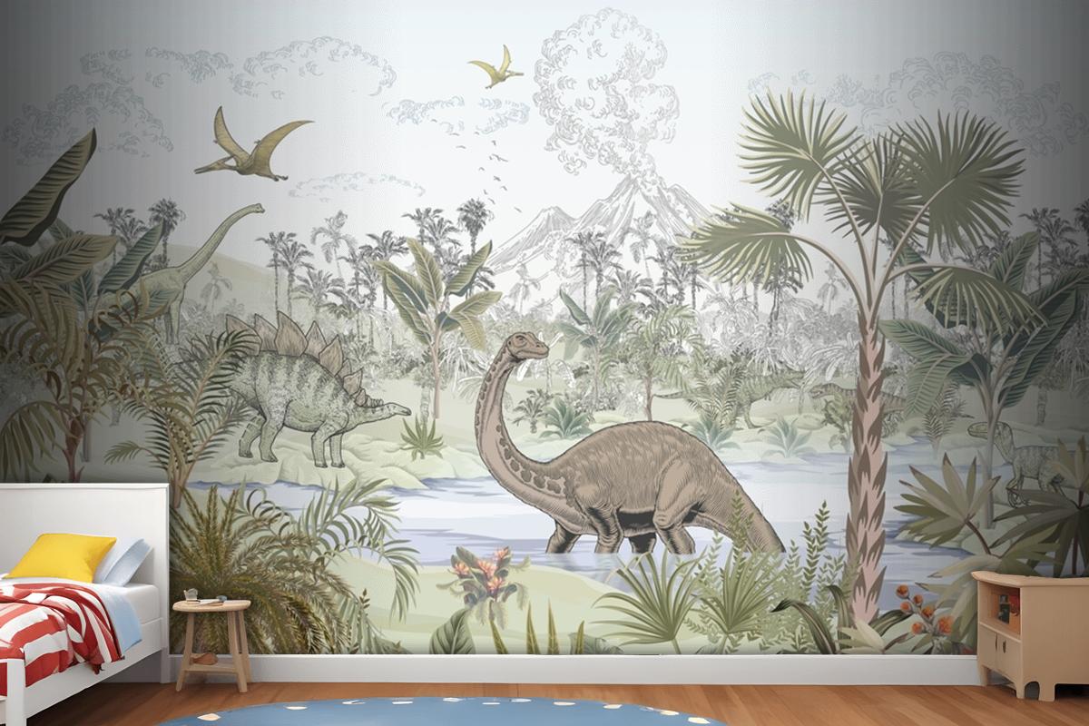 Tropikal Dinozor Çocuk Odası Duvar Kağıdı