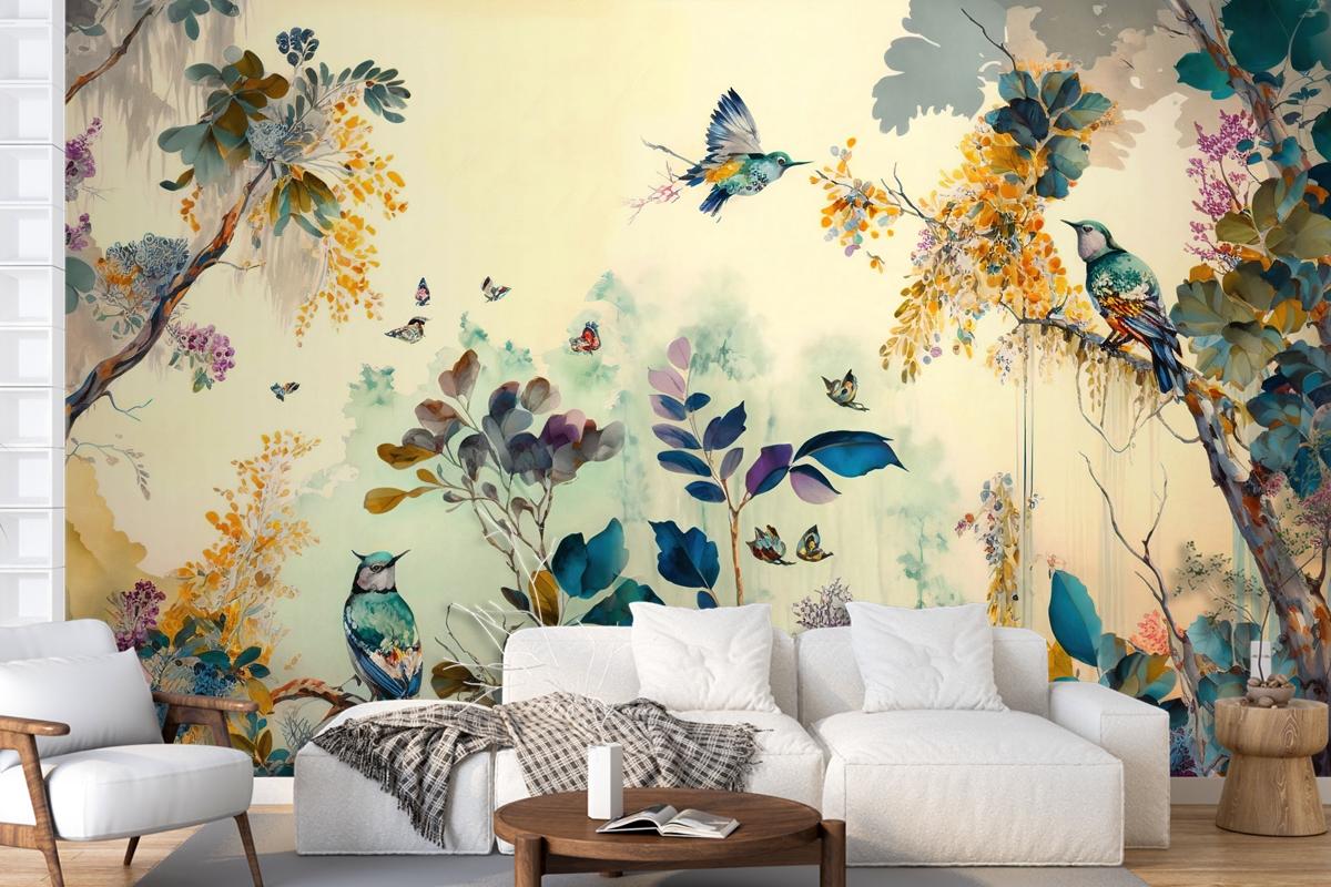 Tropikal Kuşlar Sarı Temalı Duvar Kağıdı