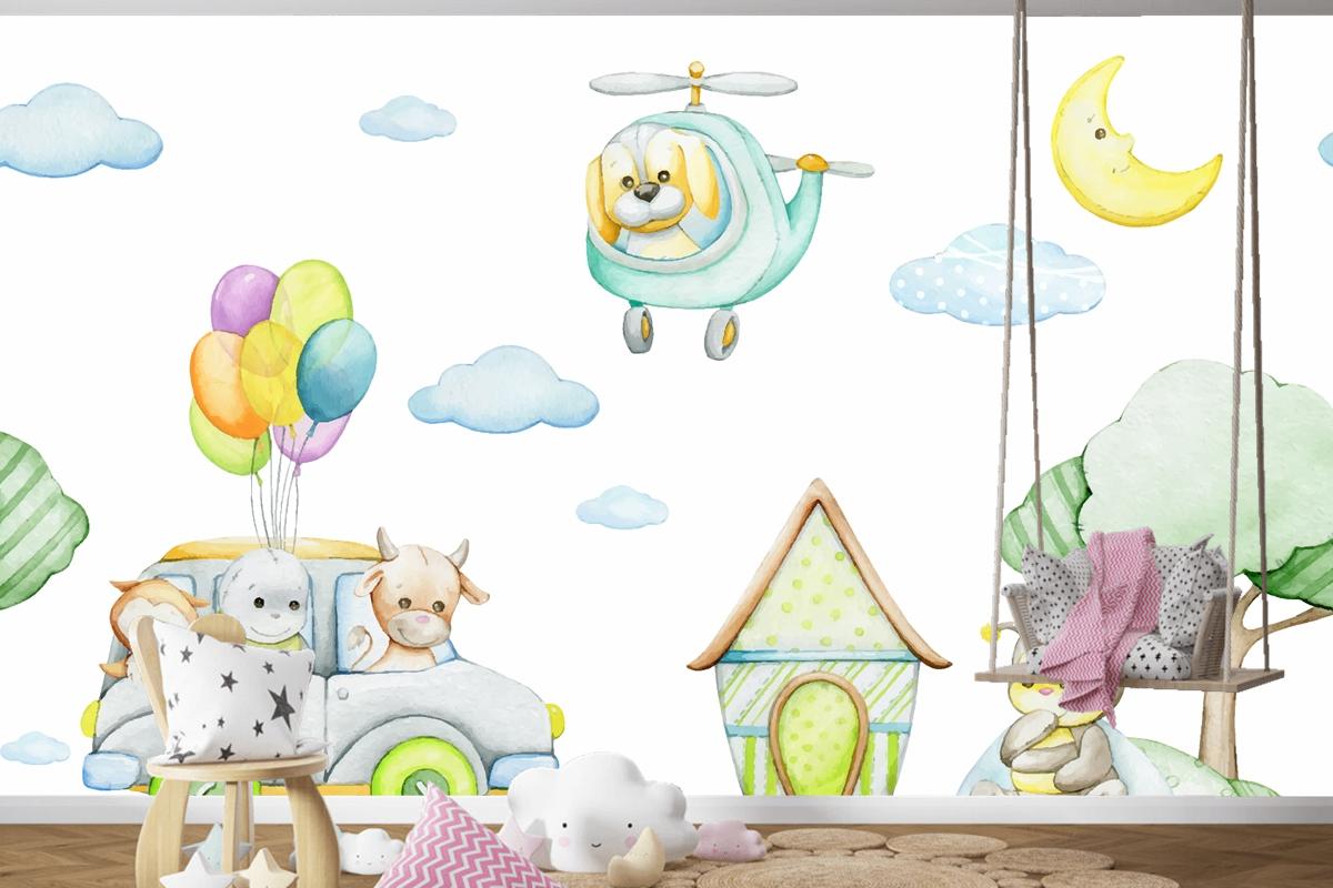 Karikatür Tarzı Tropikal Hayvanlar Araba Helikopter Ay Çocuk Odası Duvar Kağıdı Nde Suluboya Dikişsiz Desen