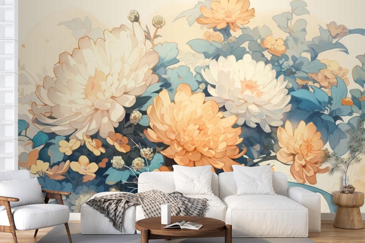 Tamamlayıcı Renklerle Suluboya Vintage Krizantem Teması Duvar Kağıdı