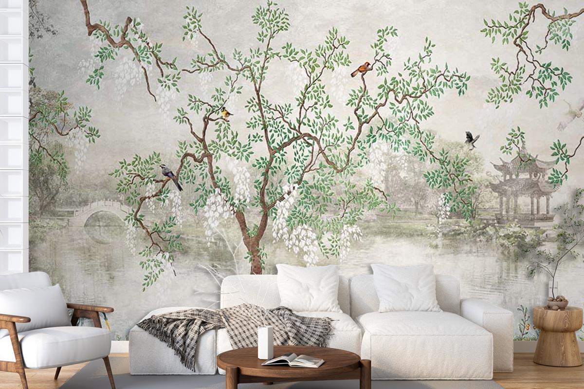 Yağlı Boya Tarz Ağaçlar ve Yapraklar Duvar Kağıdı