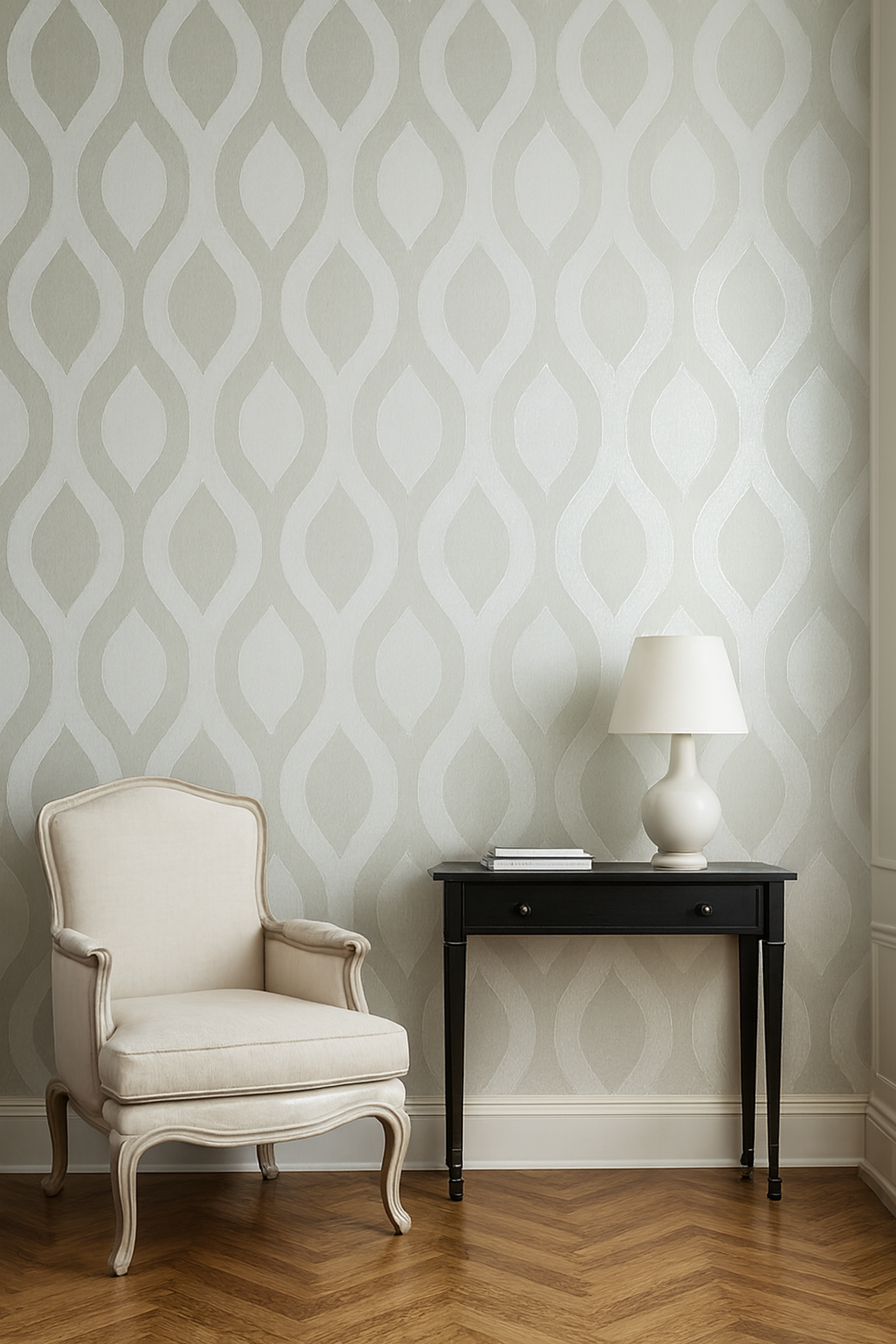 Modern Dalga Desenli 5m2  Duvar Kağıdı 53845  – Beyaz Tonlarında Şık TV Arkası Dekorasyonu