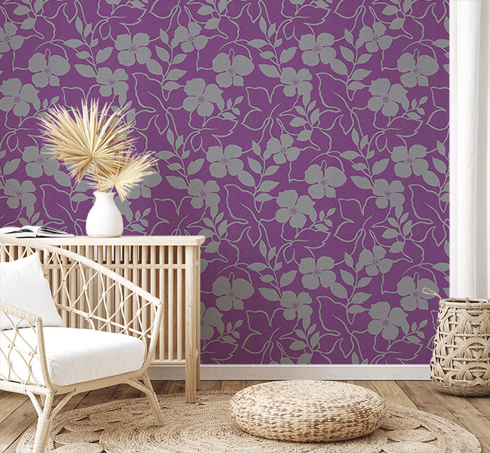 Mor Arka Plan Gri Çiçek Desen Ucuz Duvar Kağıdı 54104