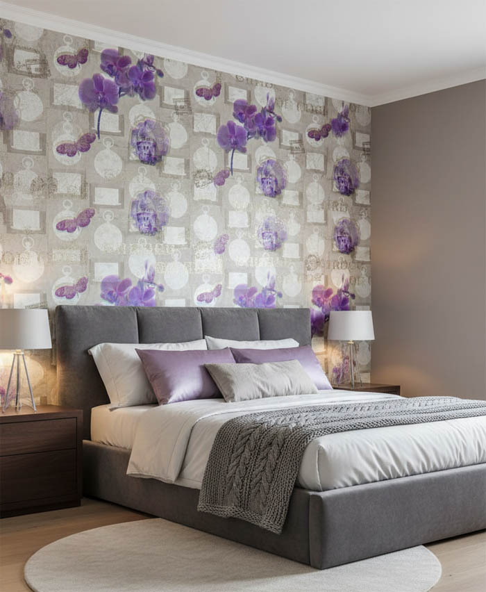 Mor Orkideli Ucuz Duvar Kağıdı 53299-K