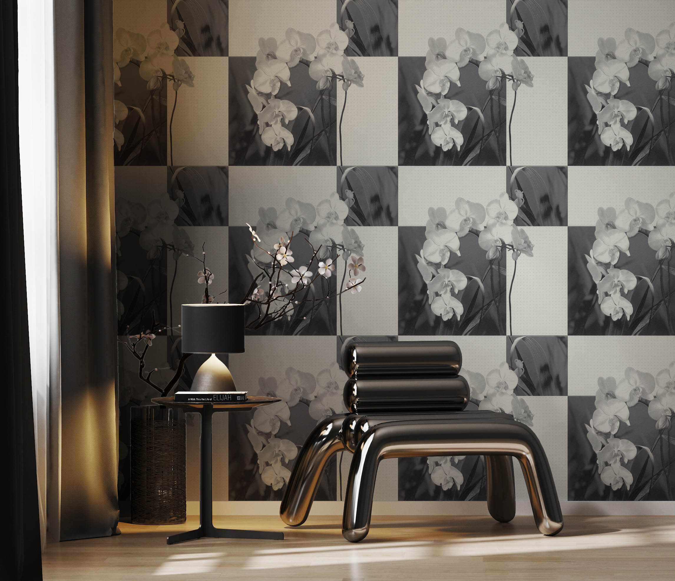 Orkideli Beyaz Gri Desen Duvar Kağıdı 53011