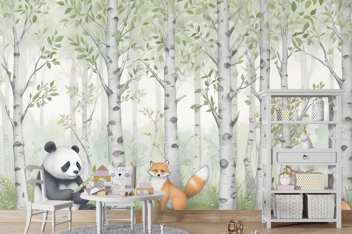 Ormandaki Çocuklar Orman Hayvanları Çocuk Odası Duvar Kağıdı