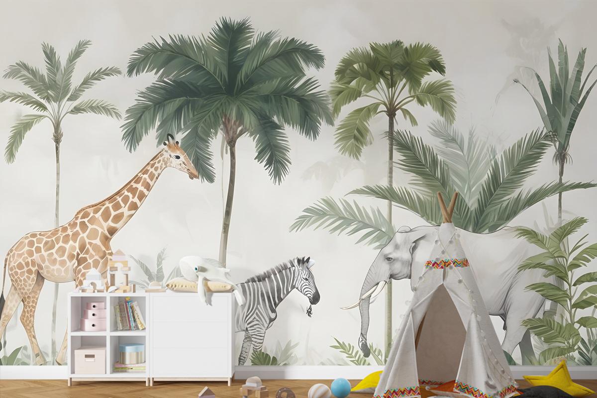 Palmiye Ağaçları Ile Çocuklar Vahşi Tropikal Hayvanlar Çocuk Odası Duvar Kağıdı