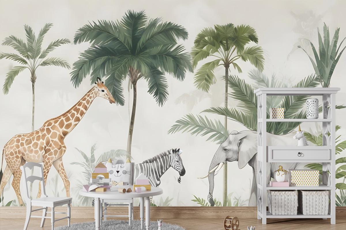 Palmiye Ağaçları Ile Çocuklar Vahşi Tropikal Hayvanlar Çocuk Odası Duvar Kağıdı
