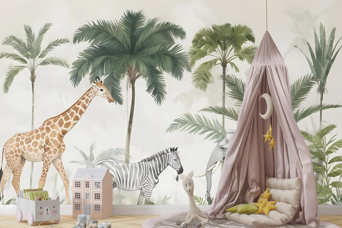 Palmiye Ağaçları Ile Çocuklar Vahşi Tropikal Hayvanlar Çocuk Odası Duvar Kağıdı