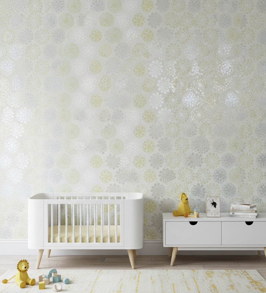 Sarı Gümüş Mavi Noktalı Çiçek Desen Duvar Kağıdı 111025