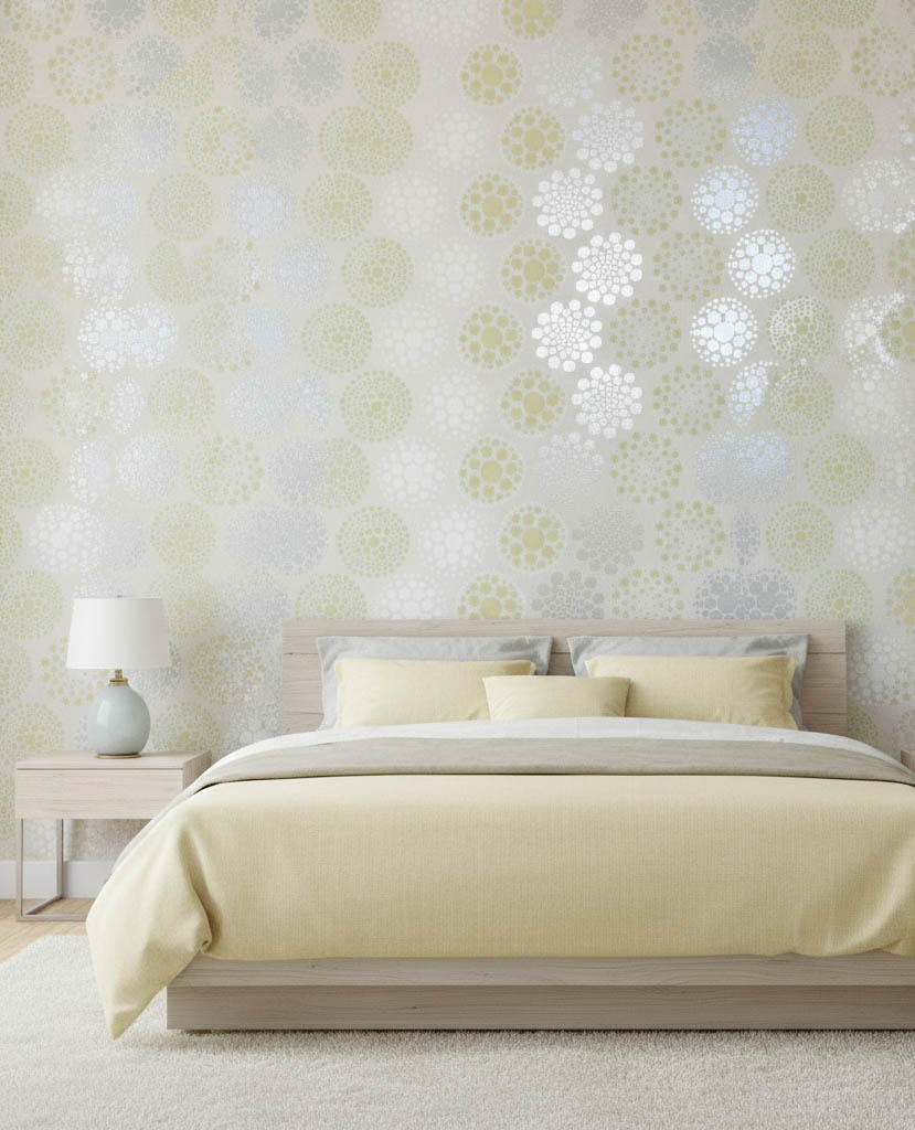 Sarı Gümüş Mavi Noktalı Çiçek Desen Duvar Kağıdı 111025